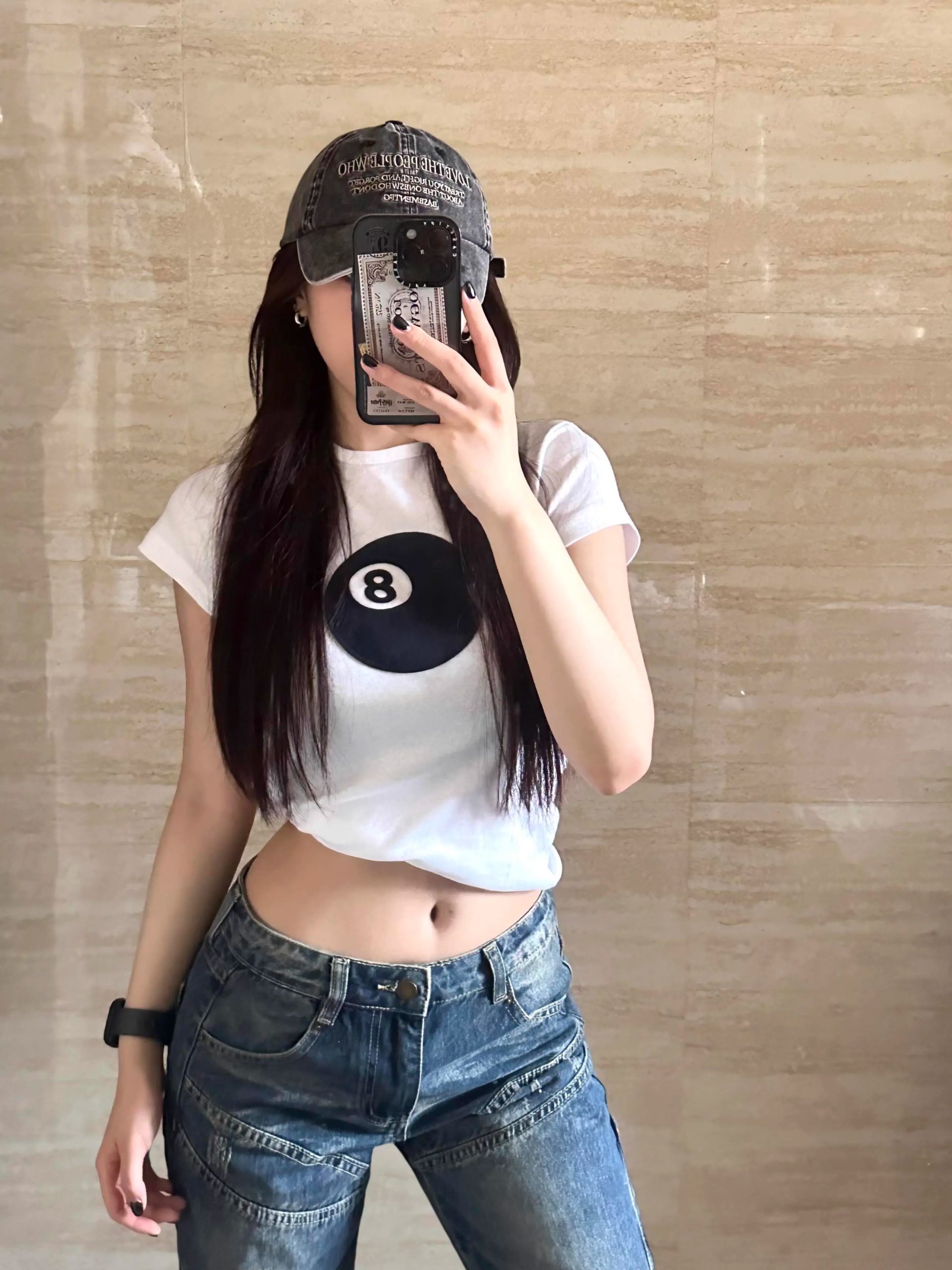 Women's Slim Fit Black 8 Print Short Sleeve T-Shirt - Korean Style Round Neck Pure Cotton Top for Instagram Fashion Women's Slim Fit Black 8 Print Short Sleeve T-Shirt - Korean Style Round Neck Pure Cotton Top for Instagram Fashion