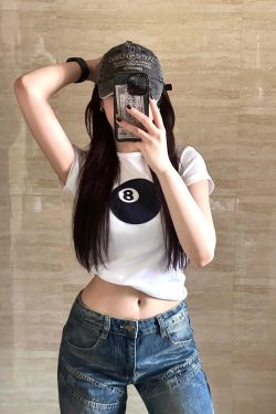 Women's Slim Fit Black 8 Print Short Sleeve T-Shirt - Korean Style Round Neck Pure Cotton Top for Instagram Fashion