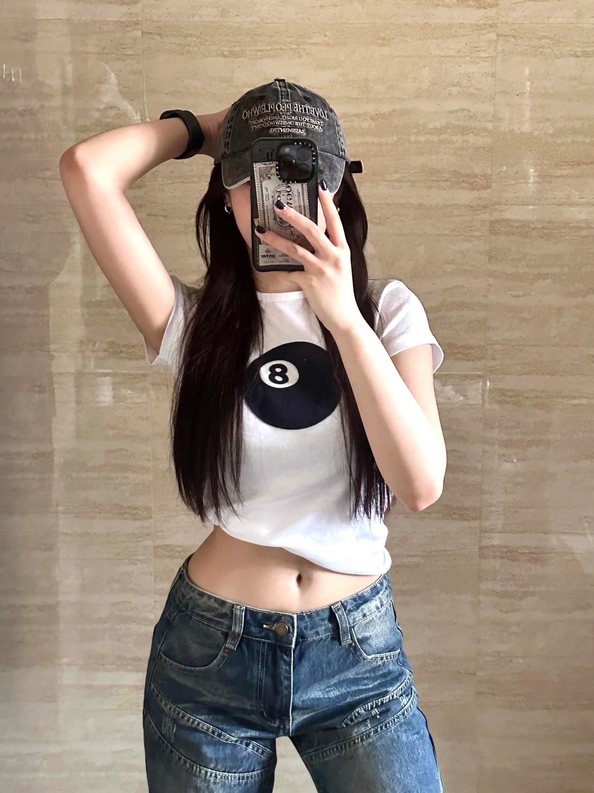 Women's Slim Fit Black 8 Print Short Sleeve T-Shirt - Korean Style Round Neck Pure Cotton Top for Instagram Fashion Women's Slim Fit Black 8 Print Short Sleeve T-Shirt - Korean Style Round Neck Pure Cotton Top for Instagram Fashion