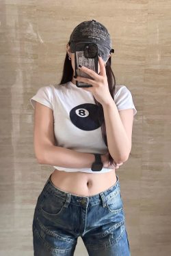 Women's Slim Fit Black 8 Print Short Sleeve T-Shirt - Korean Style Round Neck Pure Cotton Top for Instagram Fashion