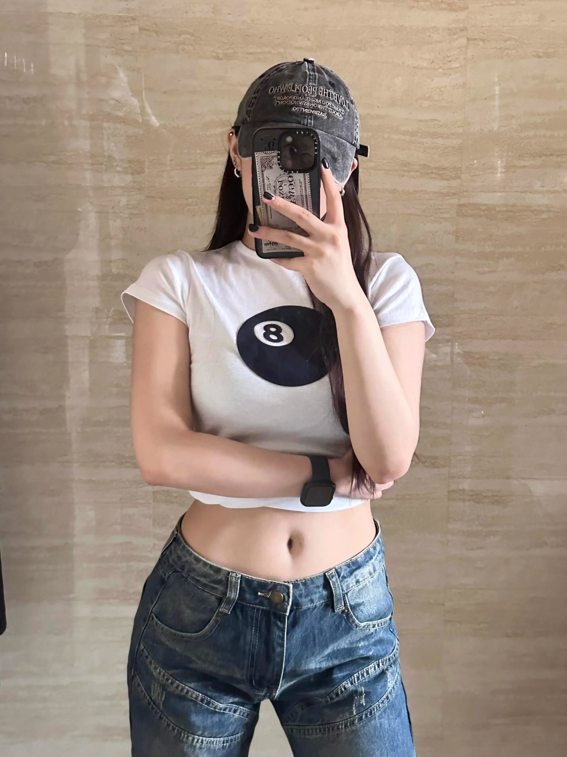 Women's Slim Fit Black 8 Print Short Sleeve T-Shirt - Korean Style Round Neck Pure Cotton Top for Instagram Fashion Women's Slim Fit Black 8 Print Short Sleeve T-Shirt - Korean Style Round Neck Pure Cotton Top for Instagram Fashion