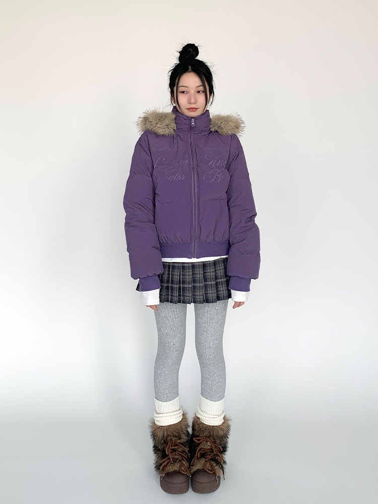 Women's Slim-Fit Black and White Short Cotton Coat with Removable Fur Collar for Winter Fashion Women's Slim-Fit Black and White Short Cotton Coat with Removable Fur Collar for Winter Fashion