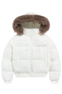 Women's Slim-Fit Black and White Short Cotton Coat with Removable Fur Collar for Winter Fashion