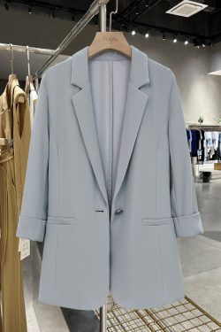 Women’s Slim Fit Blue Blazer Jacket with Seven-Point Sleeves - Trendy Spring/Summer Commuter Style 2025