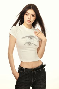 Women's Slim-Fit Cropped T-Shirt, American Style, Short Sleeve, Spicy Girl Design, Summer 2025 Fashion, Trendy Casual Top