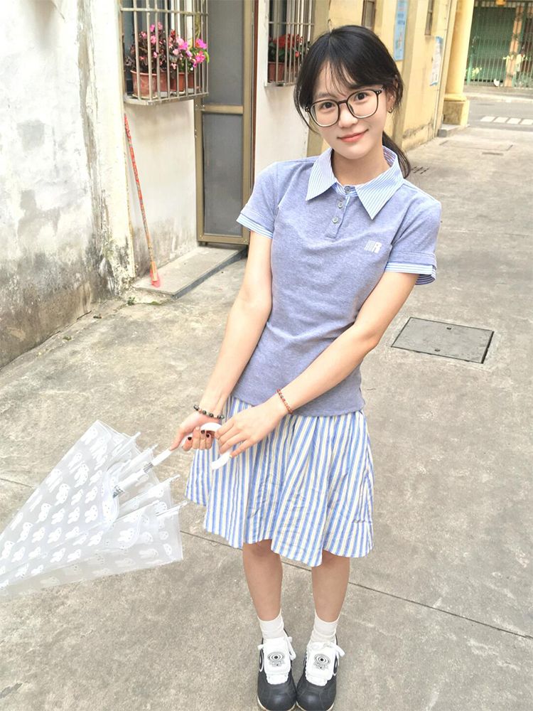 Women's Slim Fit Striped Polo Collar Short Sleeve T-Shirt, American Style Two-Piece Design, Summer Fashion Essential Women's Slim Fit Striped Polo Collar Short Sleeve T-Shirt, American Style Two-Piece Design, Summer Fashion Essential