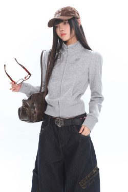 Women's Slim Fit Zipper Stand Collar Sweatshirt Jacket - Lazy Casual Long Sleeve Top for Early Spring Style