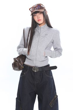 Women's Slim Fit Zipper Stand Collar Sweatshirt Jacket - Lazy Casual Long Sleeve Top for Early Spring Style