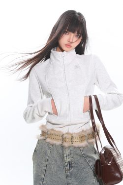 Women's Slim Fit Zipper Stand Collar Sweatshirt Jacket - Lazy Casual Long Sleeve Top for Early Spring Style