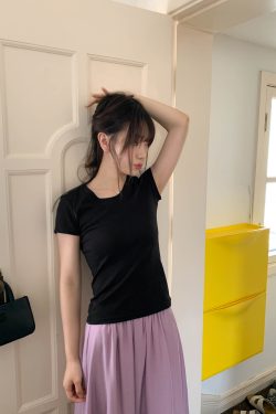 Women's Slim Solid Color U-Neck Short Sleeve T-Shirt - Flattering Basic Top for Summer 2025, Casual Chic Style