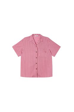 Women's Solid Color Striped Shirt with Folded Corner Pocket, Loose Cuban Collar, Summer 2025 Casual Style
