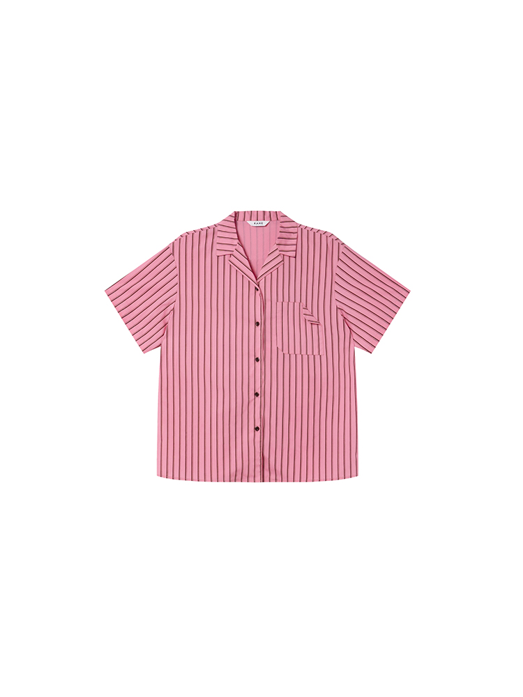 Women's Solid Color Striped Shirt with Folded Corner Pocket, Loose Cuban Collar, Summer 2025 Casual Style Women's Solid Color Striped Shirt with Folded Corner Pocket, Loose Cuban Collar, Summer 2025 Casual Style