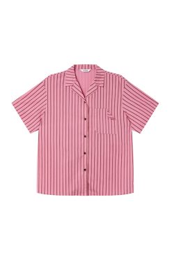 Women's Solid Color Striped Shirt with Folded Corner Pocket, Loose Cuban Collar, Summer 2025 Casual Style