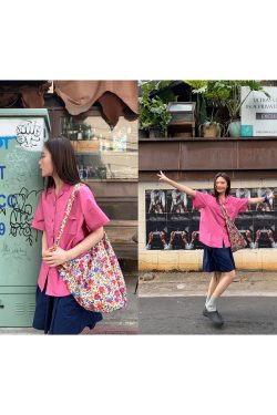 Women's Solid Color Striped Shirt with Folded Corner Pocket, Loose Cuban Collar, Summer 2025 Casual Style