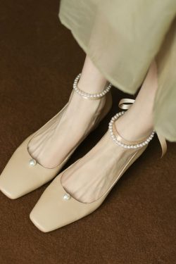 Women's Spring High Heels Mary Jane Shoes with Pearl Buckle and Lace-Up Details - Stylish Italian Design for Elegant Outfits