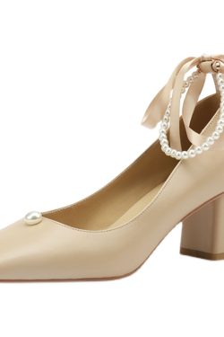 Women's Spring High Heels Mary Jane Shoes with Pearl Buckle and Lace-Up Details - Stylish Italian Design for Elegant Outfits