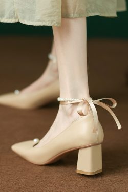 Women's Spring High Heels Mary Jane Shoes with Pearl Buckle and Lace-Up Details - Stylish Italian Design for Elegant Outfits