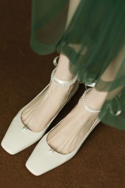 Women's Spring High Heels Mary Jane Shoes with Pearl Buckle and Lace-Up Details - Stylish Italian Design for Elegant Outfits