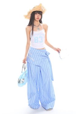 Women's Spring Summer Striped Tie Fake Shirt Casual Wide-Leg Pants - Floor-Length Loose Fit for Commuter Style