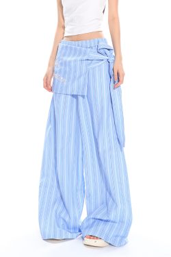 Women's Spring Summer Striped Tie Fake Shirt Casual Wide-Leg Pants - Floor-Length Loose Fit for Commuter Style