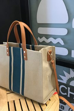 Women's Striped Canvas Briefcase Handheld Crossbody Bag, Minimalist Large Capacity Professional Style for Students and Work