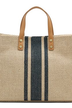 Women's Striped Canvas Briefcase Handheld Crossbody Bag, Minimalist Large Capacity Professional Style for Students and Work