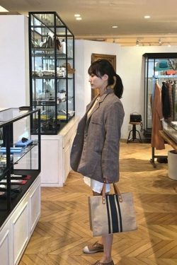 Women's Striped Canvas Briefcase Handheld Crossbody Bag, Minimalist Large Capacity Professional Style for Students and Work