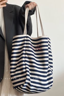Women's Striped Canvas Tote Bag 2024 - Large Capacity Shoulder Bag for Students, Casual Commuting, Everyday Use
