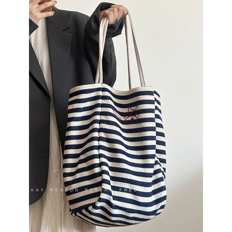 Women's Striped Canvas Tote Bag 2024 - Large Capacity Shoulder Bag for Students, Casual Commuting, Everyday Use Women's Striped Canvas Tote Bag 2024 - Large Capacity Shoulder Bag for Students, Casual Commuting, Everyday Use