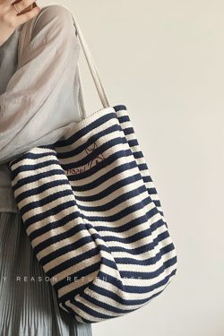 Women's Striped Canvas Tote Bag 2024 - Large Capacity Shoulder Bag for Students, Casual Commuting, Everyday Use