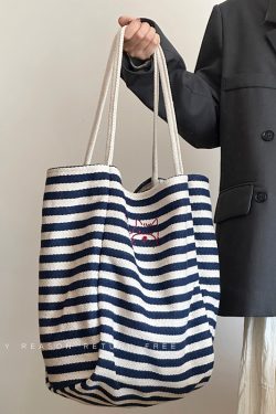 Women's Striped Canvas Tote Bag 2024 - Large Capacity Shoulder Bag for Students, Casual Commuting, Everyday Use