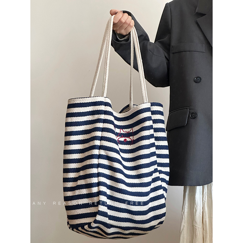 Women's Striped Canvas Tote Bag 2024 - Large Capacity Shoulder Bag for Students, Casual Commuting, Everyday Use Women's Striped Canvas Tote Bag 2024 - Large Capacity Shoulder Bag for Students, Casual Commuting, Everyday Use