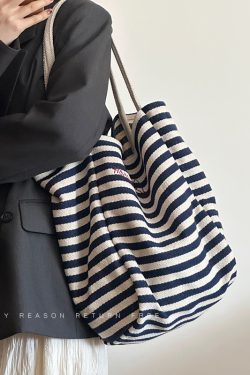 Women's Striped Canvas Tote Bag 2024 - Large Capacity Shoulder Bag for Students, Casual Commuting, Everyday Use