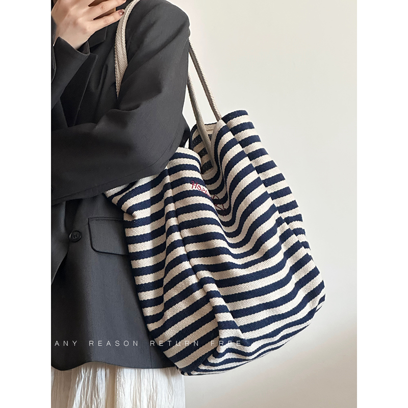 Women's Striped Canvas Tote Bag 2024 - Large Capacity Shoulder Bag for Students, Casual Commuting, Everyday Use Women's Striped Canvas Tote Bag 2024 - Large Capacity Shoulder Bag for Students, Casual Commuting, Everyday Use