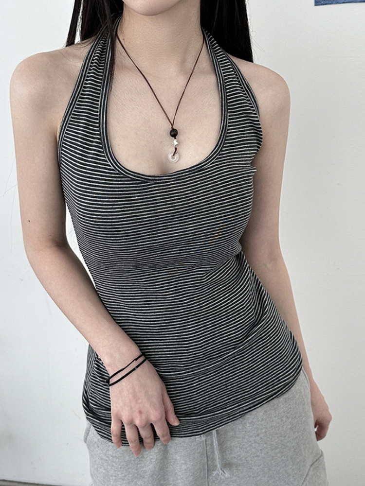 Women's Striped Halter Neck Backless Tank Top - Casual Slim Fit Summer Camisole for Versatile 90s Y2K Style Women's Striped Halter Neck Backless Tank Top - Casual Slim Fit Summer Camisole for Versatile 90s Y2K Style