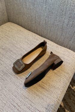 Women's Suede Flats with Rhinestone Square Buckle, Spring 2025 Style, Shallow Mouth Square Toe, Trendy Footwear