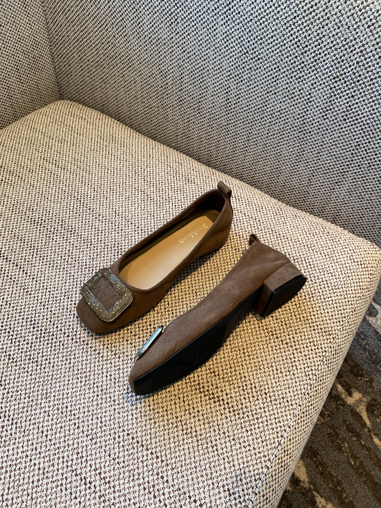 Women's Suede Flats with Rhinestone Square Buckle, Spring 2025 Style, Shallow Mouth Square Toe, Trendy Footwear Women's Suede Flats with Rhinestone Square Buckle, Spring 2025 Style, Shallow Mouth Square Toe, Trendy Footwear