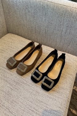 Women's Suede Flats with Rhinestone Square Buckle, Spring 2025 Style, Shallow Mouth Square Toe, Trendy Footwear