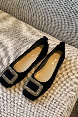 Women's Suede Flats with Rhinestone Square Buckle, Spring 2025 Style, Shallow Mouth Square Toe, Trendy Footwear