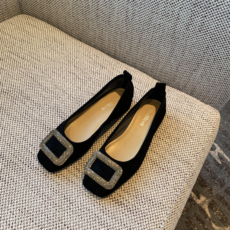 Women's Suede Flats with Rhinestone Square Buckle, Spring 2025 Style, Shallow Mouth Square Toe, Trendy Footwear Women's Suede Flats with Rhinestone Square Buckle, Spring 2025 Style, Shallow Mouth Square Toe, Trendy Footwear
