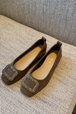 Women's Suede Flats with Rhinestone Square Buckle, Spring 2025 Style, Shallow Mouth Square Toe, Trendy Footwear