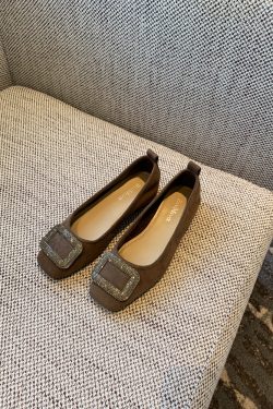 Women's Suede Flats with Rhinestone Square Buckle, Spring 2025 Style, Shallow Mouth Square Toe, Trendy Footwear