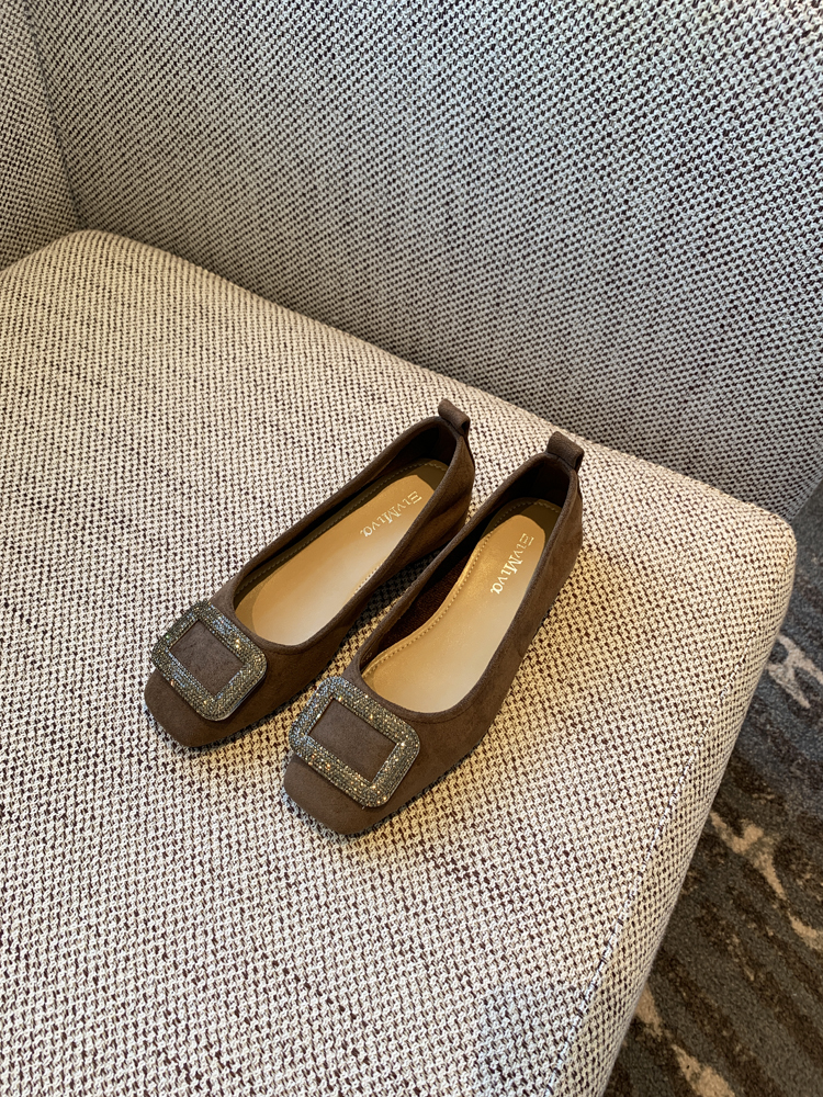 Women's Suede Flats with Rhinestone Square Buckle, Spring 2025 Style, Shallow Mouth Square Toe, Trendy Footwear Women's Suede Flats with Rhinestone Square Buckle, Spring 2025 Style, Shallow Mouth Square Toe, Trendy Footwear