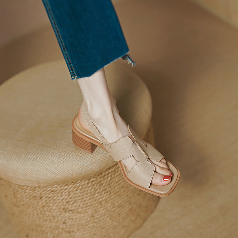 Women's Summer 2025 Chunky High Heel Sandals - Non-Luxury Genuine Leather, Square-Toe, Open-Toe, Versatile One-Strap Design Women's Summer 2025 Chunky High Heel Sandals - Non-Luxury Genuine Leather, Square-Toe, Open-Toe, Versatile One-Strap Design