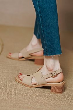 Women's Summer 2025 Chunky High Heel Sandals - Non-Luxury Genuine Leather, Square-Toe, Open-Toe, Versatile One-Strap Design