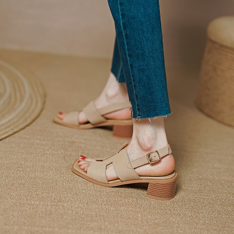 Women's Summer 2025 Chunky High Heel Sandals - Non-Luxury Genuine Leather, Square-Toe, Open-Toe, Versatile One-Strap Design Women's Summer 2025 Chunky High Heel Sandals - Non-Luxury Genuine Leather, Square-Toe, Open-Toe, Versatile One-Strap Design