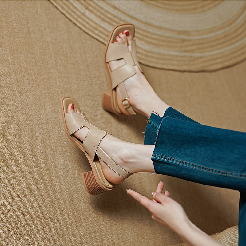 Women's Summer 2025 Chunky High Heel Sandals - Non-Luxury Genuine Leather, Square-Toe, Open-Toe, Versatile One-Strap Design Women's Summer 2025 Chunky High Heel Sandals - Non-Luxury Genuine Leather, Square-Toe, Open-Toe, Versatile One-Strap Design