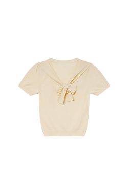 Women's Summer 2025 Irregular Flowing Tie-Knit V-Neck Short Sleeve T-Shirt - Trendy French Style