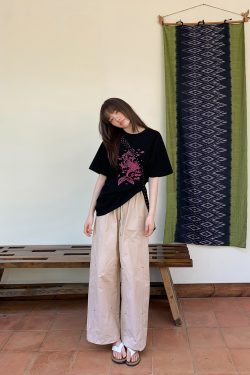 Women's Summer 2025 Loose-Fit Wide-Leg Cargo Pants with Elastic Waist - Casual Straight Long Pants for Petite Sizes