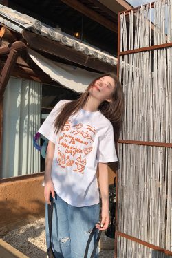 Women's Summer 2025 Loose Slim Round Neck Printed T-Shirt - Simple Element Design, Short Sleeve, Casual Style